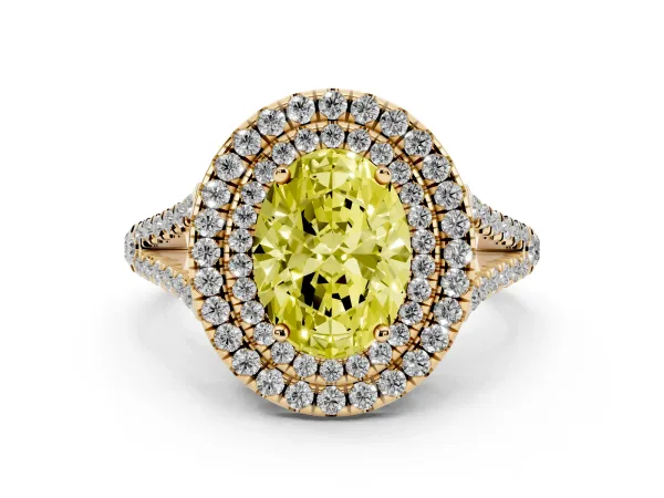 Fancy Yellow Oval Cut Diamond Double Halo Ring with Pavé Band and Prong Setting Yellow gold