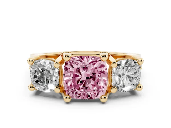 Fancy Pink Cushion Cut Diamond Three-Stone Ring with Channel Set Band and Four-Prong Setting Yellow gold