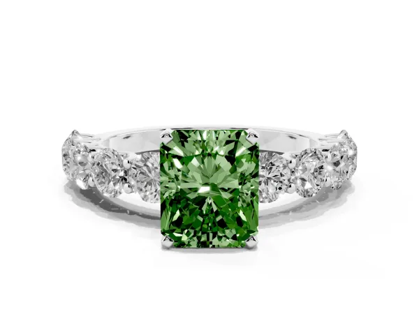 Fancy Green Radiant Cut Diamond Prong Setting with Side Stones on a Pave Band White gold