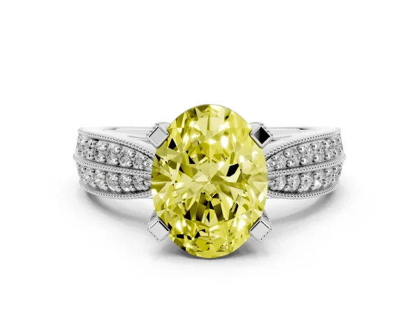 Fancy Yellow Oval Cut Diamond Solitaire Ring with Milgrain Round Pavé Band and Prong Setting Platinum