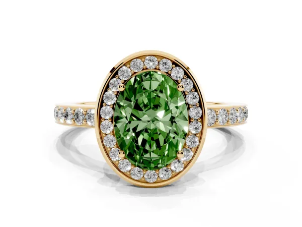 Fancy Green Oval Cut Diamond Halo Ring with Bezel Frame and Pavé Band Yellow gold