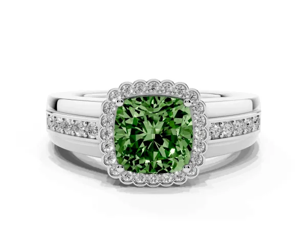 Fancy Green Cushion Cut Cut Halo Pave Band Four-Prong Ring Platinum