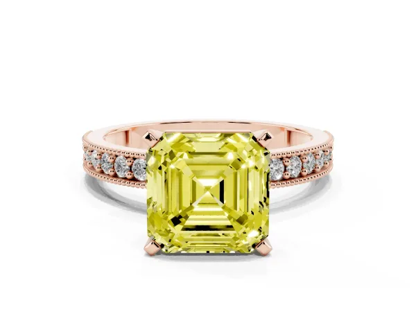 Fancy Yellow Asscher Cut Diamond Milgrain Pavé Engagement Ring with Four-Prong Setting Rose gold