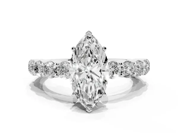 Marquise Cut Diamond Solitaire Ring with Shared Prong Round Side Stones White gold