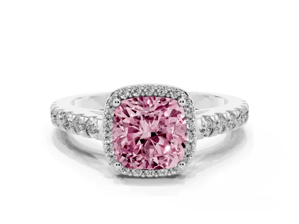 Fancy Pink Cushion Cut Cut Halo Diamond Engagement Ring with Pave Band and Four-Prong Setting White gold