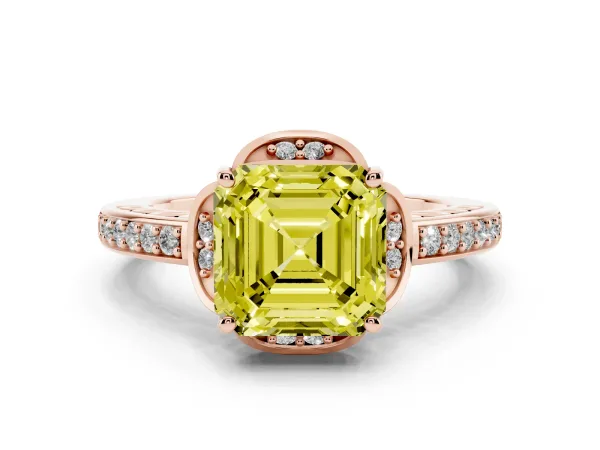 Fancy Yellow Asscher Cut Cut Halo Diamond Ring with Channel Set Band and Four-Prong Setting Rose gold