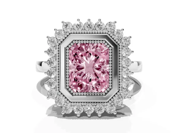 Fancy Pink Radiant Cut Halo Diamond Ring with Milgrain Edge and Round Prong Setting Platinum