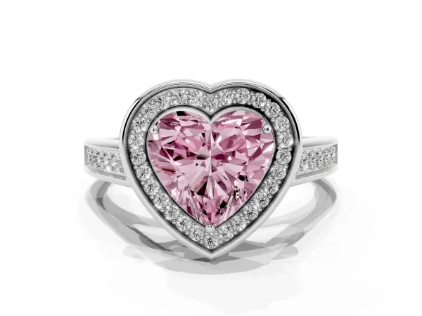 Fancy Pink Heart Cut Halo Solitaire Diamond Ring with Pave Band and Bezel Setting Platinum