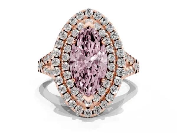 Fancy Pink Double Halo Marquise Cut Diamond Pavé Split Shank Ring with Prong Setting Rose gold