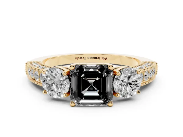 Fancy Black Asscher Cut Three-Stone Diamond Ring with Pavé Band and Four-Prong Setting Yellow gold