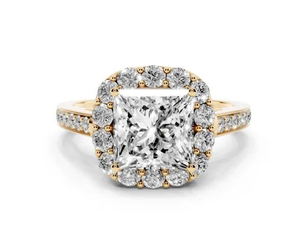 Princess Cut Diamond Floral Halo Ring with Pavé Band and Prong Setting Yellow gold