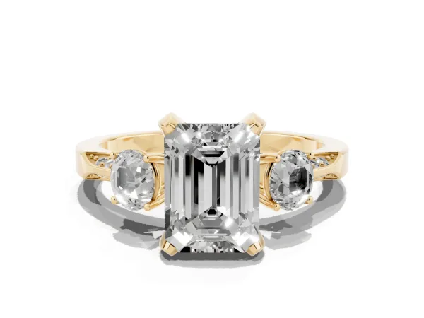Fancy Green Emerald Cut Brilliant Three-Stone Diamond Ring with Pavé Band and Four-Prong Setting Yellow gold