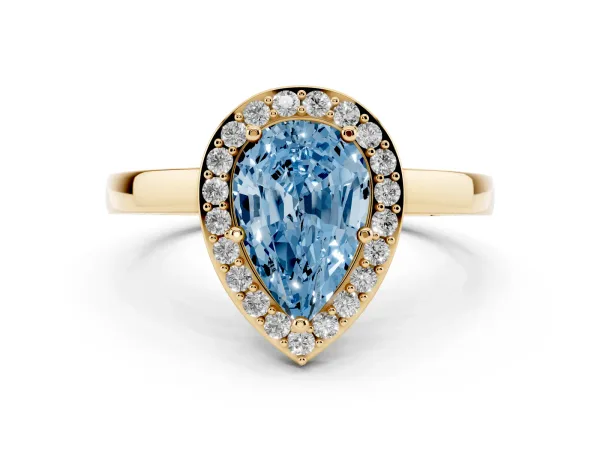 Fancy Blue Pear Cut Halo Diamond Ring with Solitaire Band and Prong Setting Yellow gold