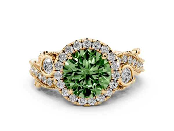 Fancy Green Round Cut Halo Diamond Ring with Milgrain and Bezel Accents on a Split Shank Band Yellow gold