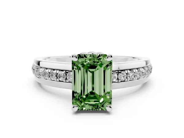 Fancy Green Emerald Cut Solitaire Diamond Ring with Channel Set Band and Six-Prong Setting Platinum