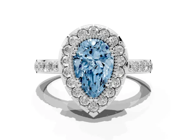 Fancy Blue Pear Cut Diamond Halo Ring with Pavé Band and Prong Setting Platinum