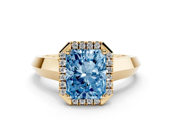 Fancy Blue Radiant Cut Halo Diamond Ring with Cathedral Band and Four-Prong Setting Yellow gold