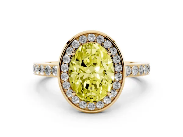 Fancy Yellow Oval Cut Diamond Halo Ring with Bezel Frame and Pavé Band Yellow gold