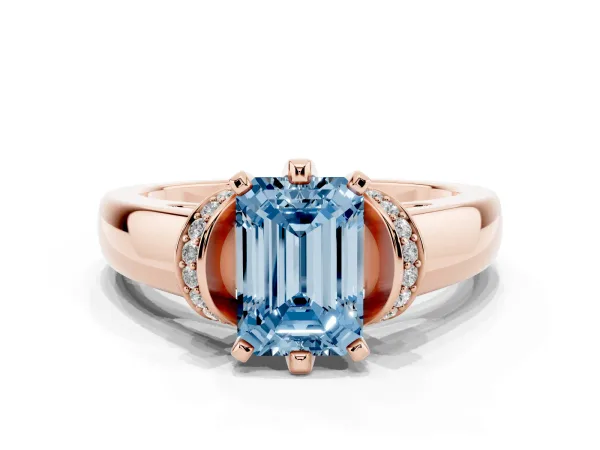 Fancy Blue Emerald Cut Solitaire Diamond Ring with Pave Band and Six-Prong Setting Rose gold