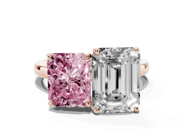 Fancy Pink Radiant Cut and Emerald Cut Toi Moi Ring with Prong Setting Rose gold
