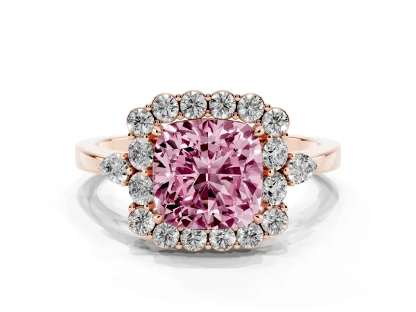 Fancy Pink Cushion Cut Diamond Halo Ring with Pear Side Stones and Prong Setting Rose gold