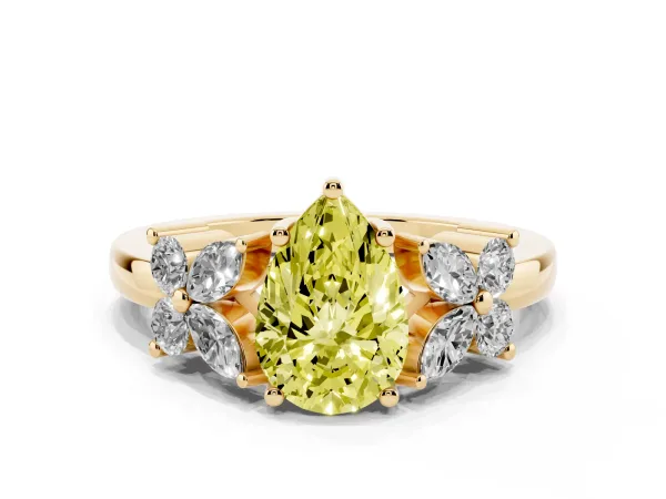 Fancy Yellow Pear Cut Diamond Floral Cluster Ring with Solitaire Band and Prong Setting Yellow gold