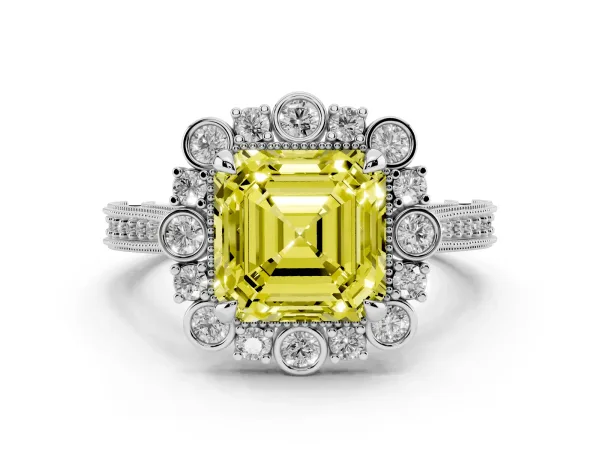 Fancy Yellow Asscher Cut Halo Milgrain Pave Diamond Ring with Four-Prong Setting Platinum