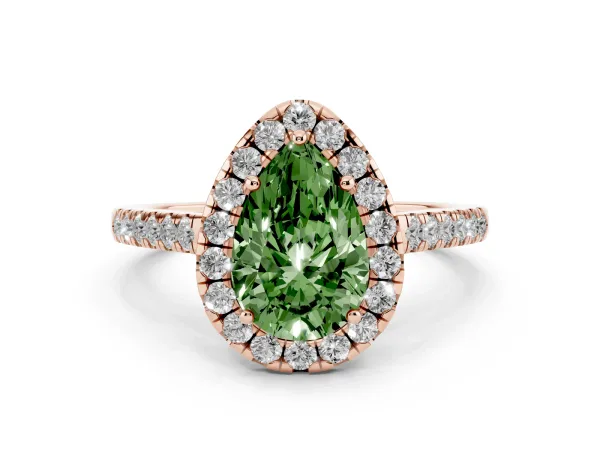 Fancy Green Pear Cut Halo Pave Diamond Engagement Ring with Four-Prong Setting Rose gold
