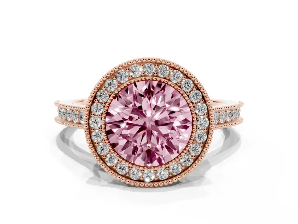 Fancy Pink Halo Round Cut-Cut Diamond Pave Band Milgrain Prong Setting Ring Rose gold