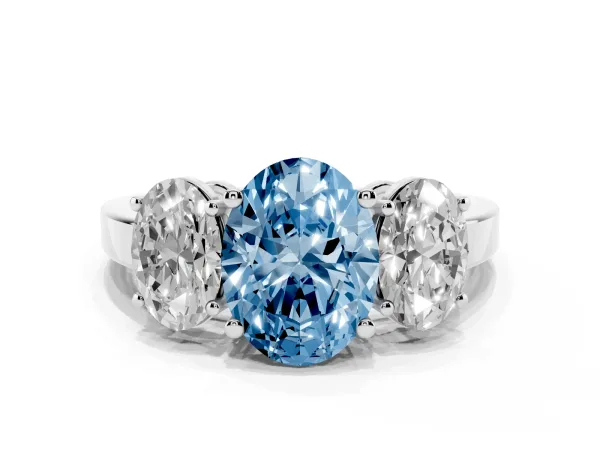 Fancy Blue Three-Stone Oval Cut Cut Diamond Engagement Ring with Flat Band and Four-Prong Setting White gold