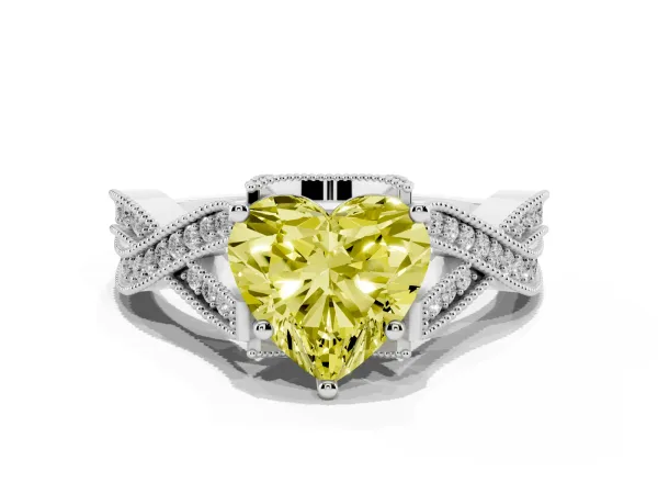 Fancy Yellow Heart Cut Cut Diamond Twisted Band with Milgrain Pave Setting and Four-Prong Setting White gold