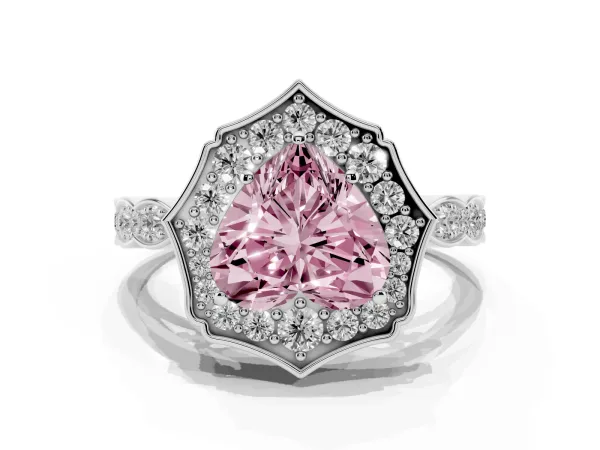 Fancy Pink Heart Cut Halo Diamond Engagement Ring with Milgrain Band and Four-Prong Setting Platinum
