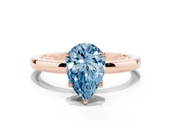Fancy Blue Pear Cut Diamond Solitaire Ring with Thin Band and Prong Setting Rose gold