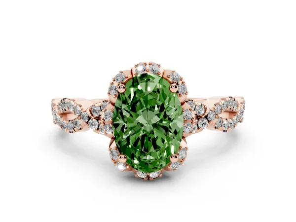 Fancy Green Oval Cut Halo Twist Band Solitaire Ring with Six-Prong Setting Rose gold