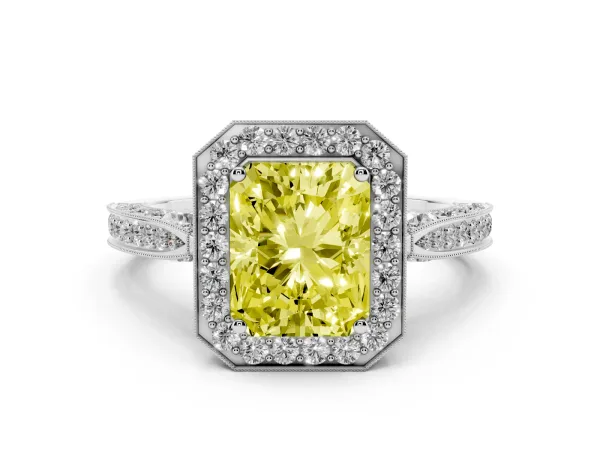 Fancy Yellow Radiant Cut Halo Diamond Engagement Ring with Split Shank Band and Four-Prong Setting Platinum