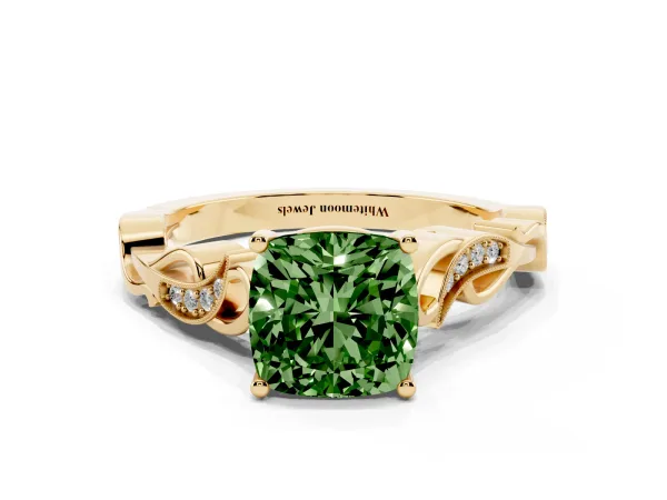 Fancy Green Cushion Cut Solitaire Vine Band with Milgrain Prong Setting Yellow gold