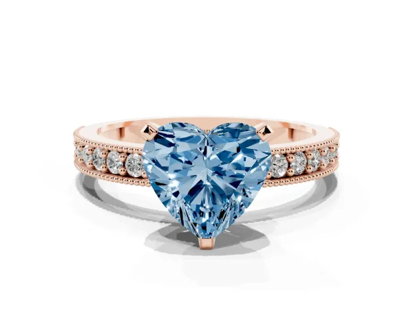 Fancy Blue Heart Cut Diamond Milgrain Pavé Engagement Ring with Four-Prong Setting Rose gold
