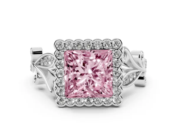 Fancy Pink Princess Cut Diamond Halo Ring with Vintage Split Shank and Four-Prong Setting Platinum