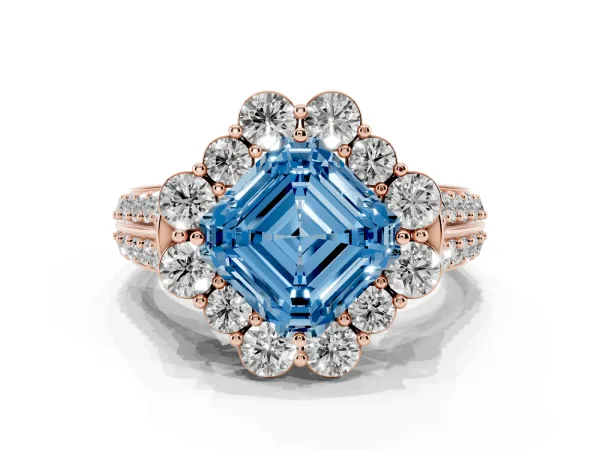 Fancy Blue Asscher Cut Halo Diamond Engagement Ring with Split Shank and Prong Setting Rose gold