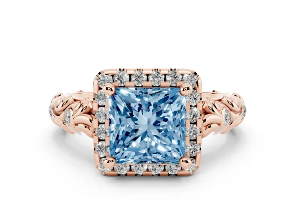 Fancy Blue Princess Cut Diamond Halo Ring with Filigree Band and Prong Setting Rose gold