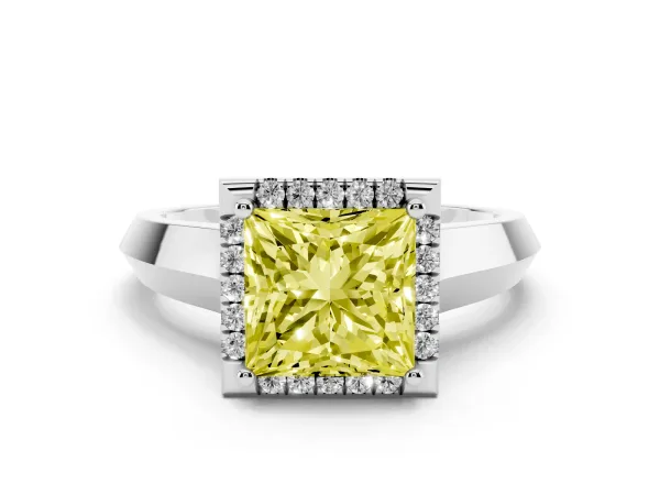 Fancy Yellow Princess Cut Halo Diamond Ring with Cathedral Band and Four-Prong Setting Platinum