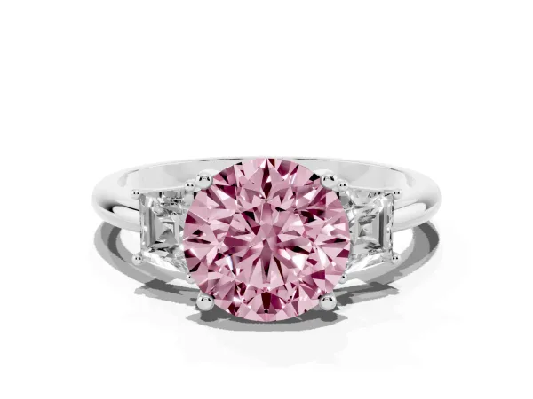 Fancy Pink Round Cut Diamond Three-Stone Ring with Trapezoid Side Stones and Prong Setting Platinum