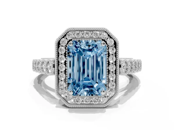 Fancy Blue Emerald Cut Halo Milgrain Solitaire with Bezel Set Side Stones and Pave Band White gold