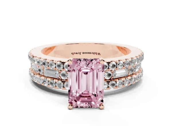 Fancy Pink Emerald Cut Diamond Solitaire Ring with Pavé and Channel Set Band Rose gold