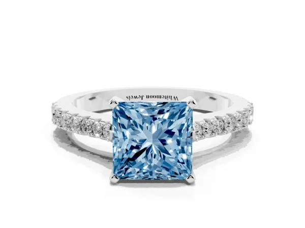 Fancy Blue Princess Cut Cut Solitaire Diamond Engagement Ring with Pave Band and Four-Prong Setting White gold