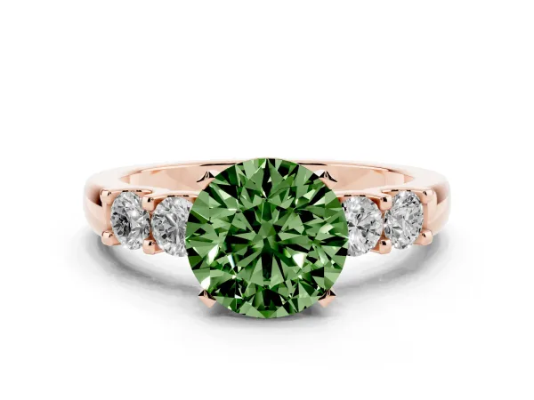 Fancy Green Round Cut Brilliant Cut Diamond Five-Stone Prong Set Engagement Ring with Channel Band Rose gold