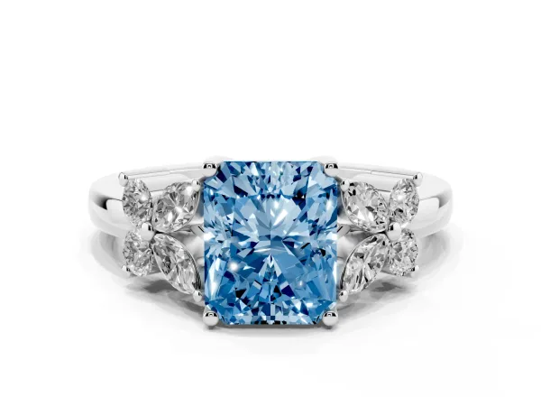 Fancy Blue Radiant Cut Diamond Floral Cluster Ring with Solitaire Band and Prong Setting White gold
