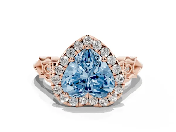 Fancy Blue Heart Cut Halo Diamond Engagement Ring with Filigree Band and Four-Prong Setting Rose gold