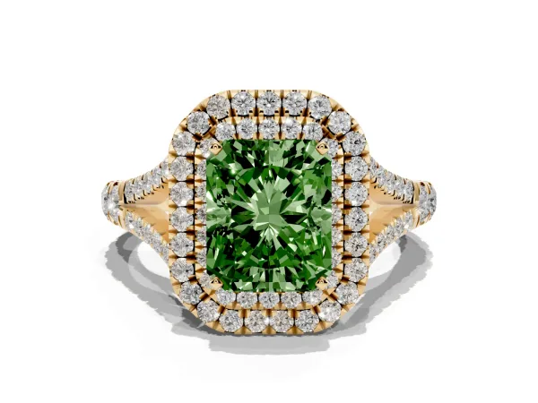 Fancy Green Double Halo Radiant Cut Diamond Split Shank Engagement Ring with Four-Prong Setting Yellow gold