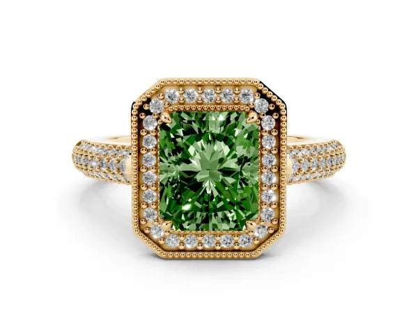 Fancy Green Radiant Cut Cut Halo Diamond Pave Band with Four-Prong Setting Yellow gold